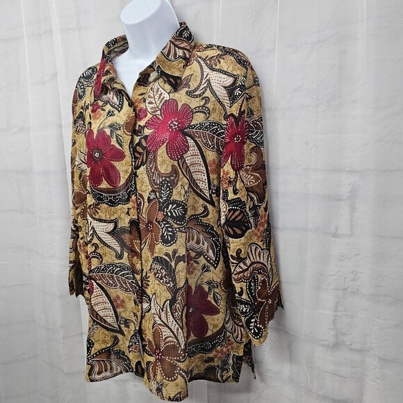 Brown Blouse Red Floral Boho Sheer Button-Down Retro Hippie 16 - Picture 5 of 13